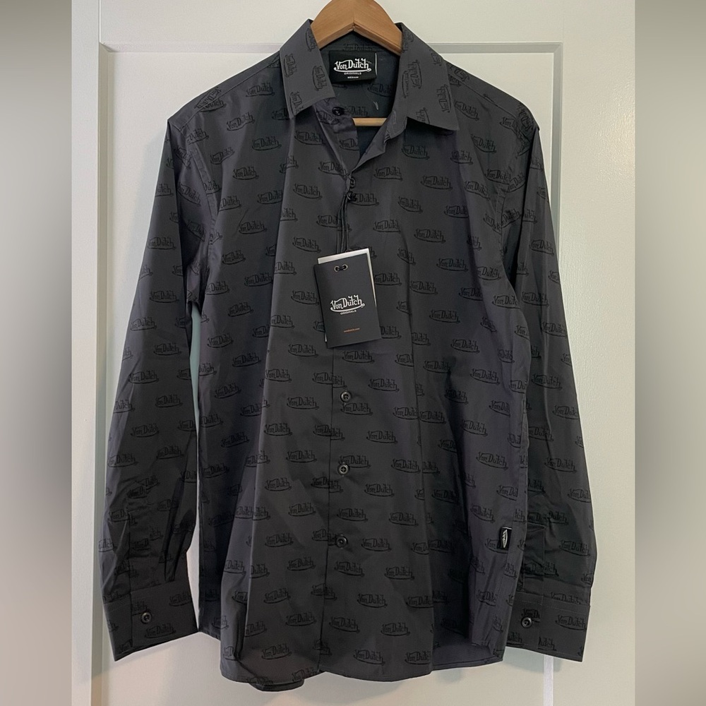 Von Dutch gray all-over logo size Medium long Sleeve Button-Down Shirt, NWT